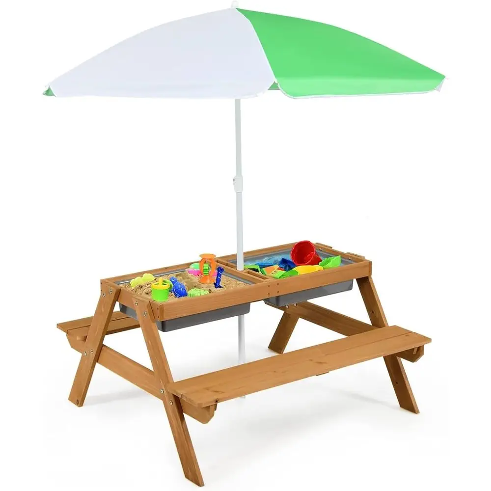 Kids Outdoor Table With Umbrella - 4-in-1 Wooden Sand & Water Picnic